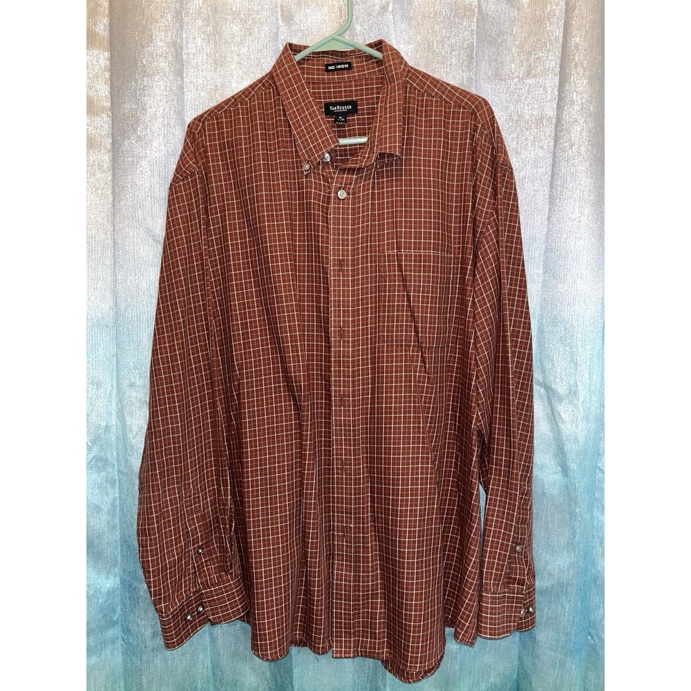 Van Heusen Shirt‎ Men Extra Large XL Brown Plaid Causal Work Long Sleeve
